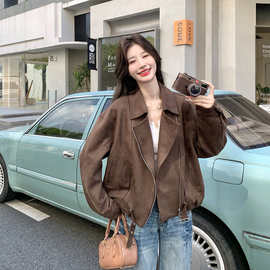 实拍美拉德复古斜拉链翻领麂皮绒短外套女2026秋宽松休闲机车夹克