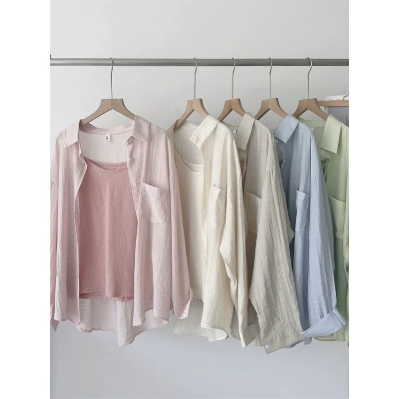 YS8 новая летняя рубашка в корейском стиле с лацканами, однотонная, свободная, дышащая, с защитой от солнца