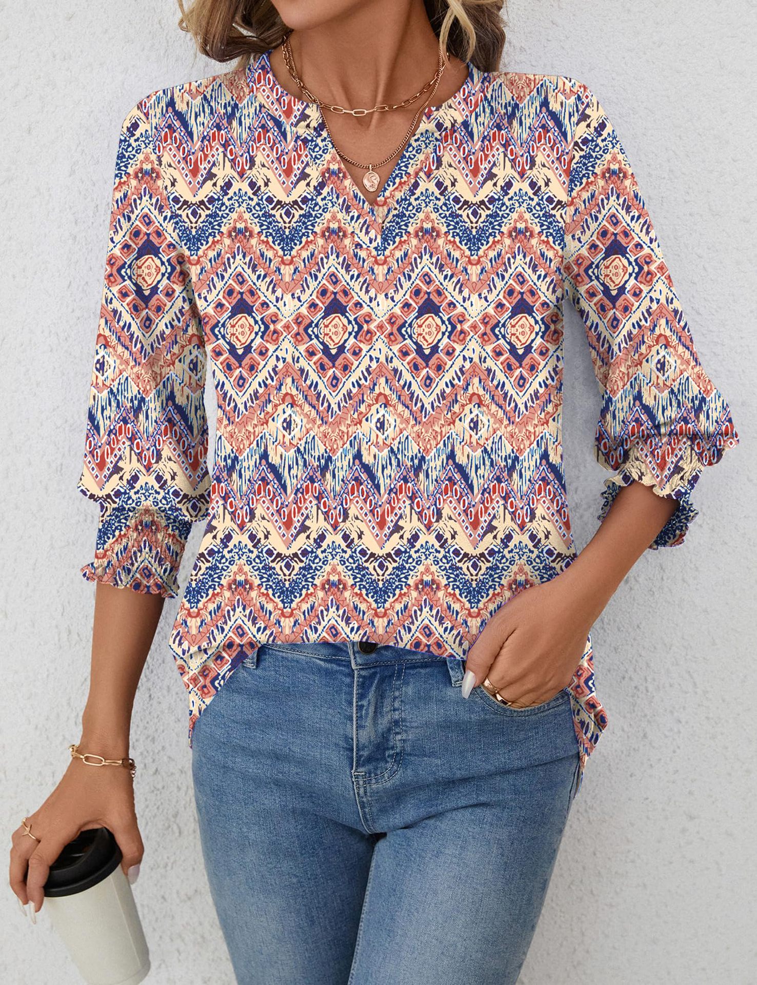 European And American Cross-border Women's 2026 Fashion Top, Three-quarter Sleeve Floral Print Casual Shirt, Summer_ecoleips.com