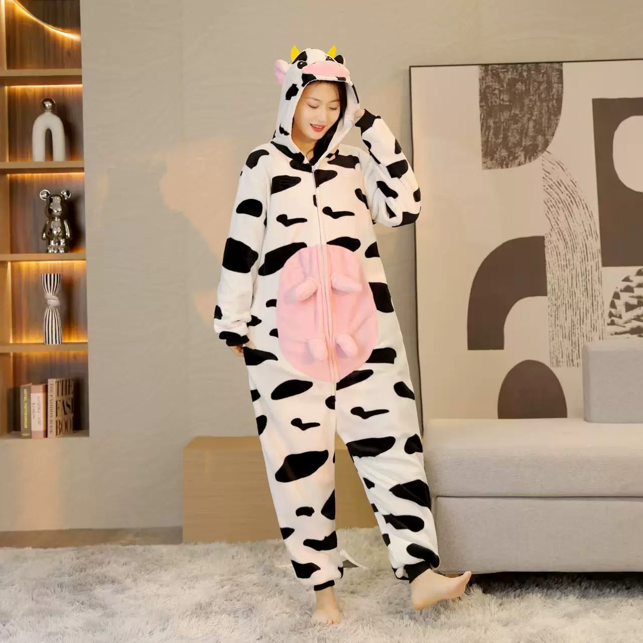 跨境新款万圣节法兰绒新款奶牛卡通动物连体睡衣情侣家居服混批