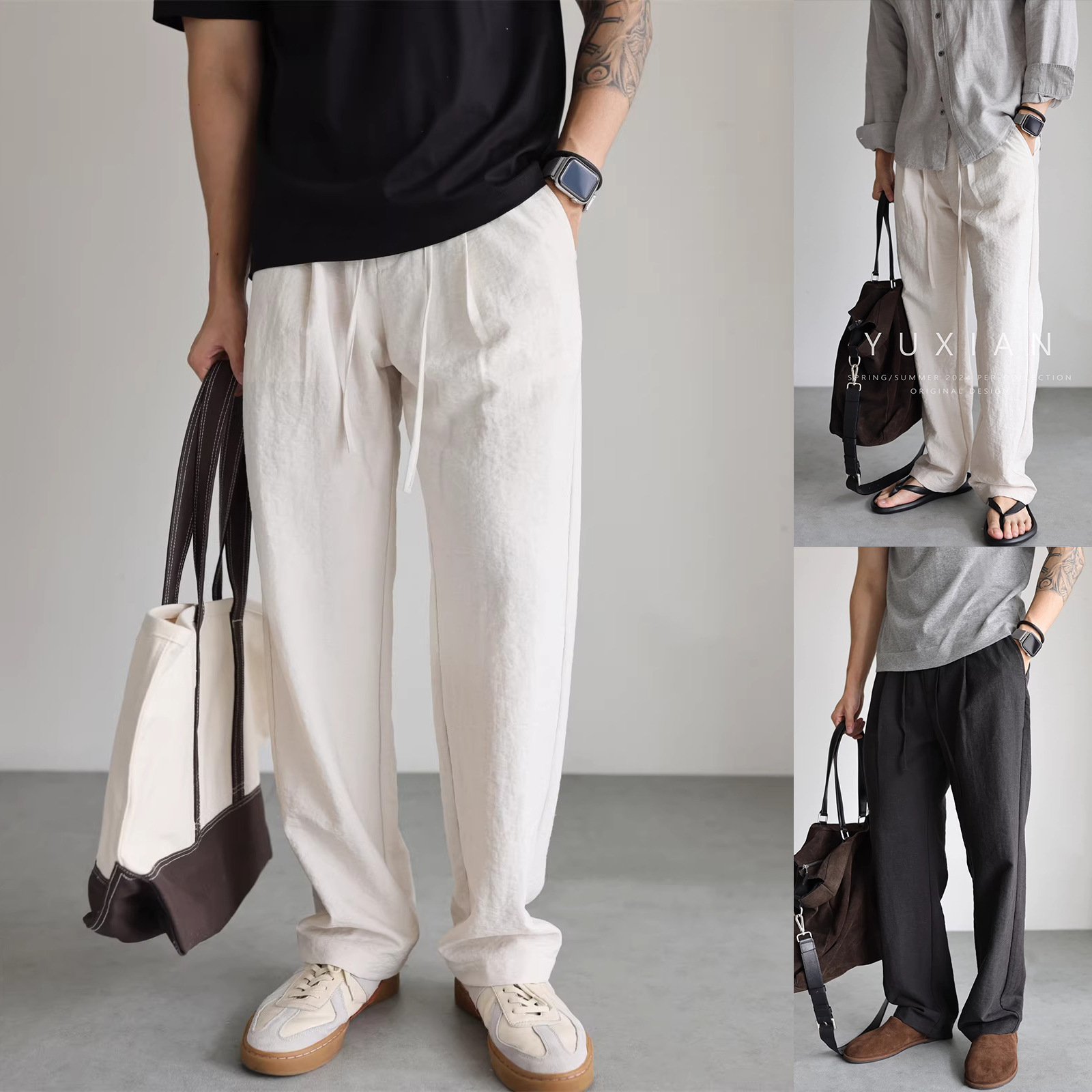 Pantalones de lino de seda de hielo no arrugados cintura elástica pantalones de pierna ancha hombre fábrica transfronteriza al por mayor poliéster imitación de lino