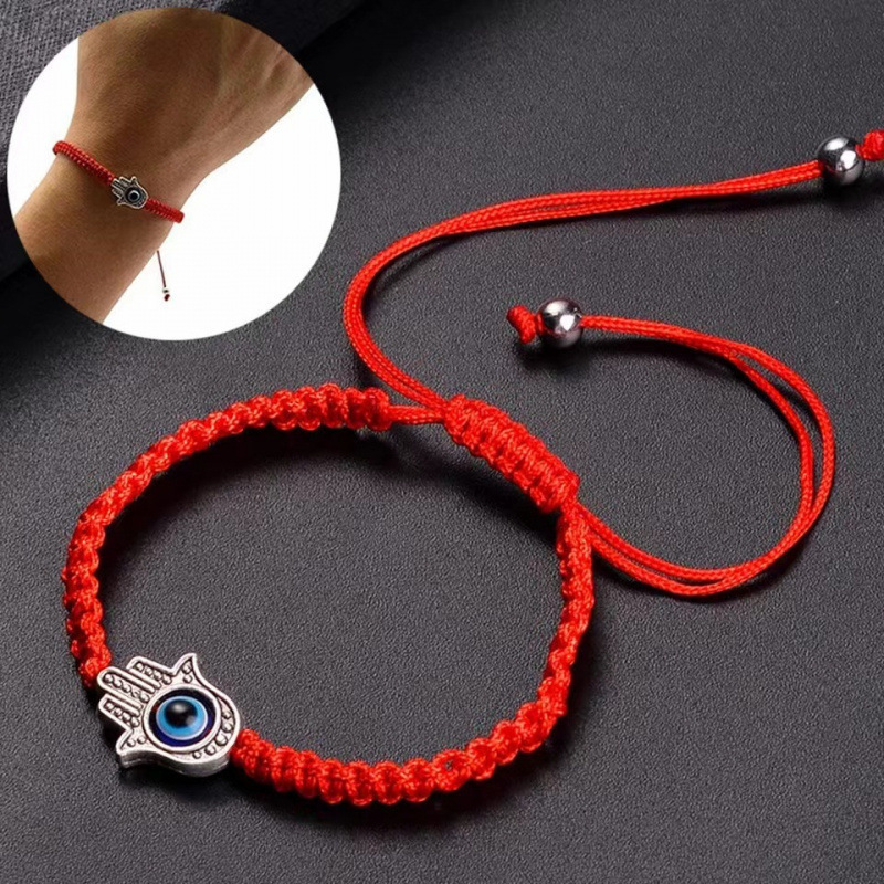 Cross-Border Hot-Selling New Style Palm-Sized Double Bead Blue Evil Eye Red String Hand-Woven Adjustable Bracelet Wholesale Beads