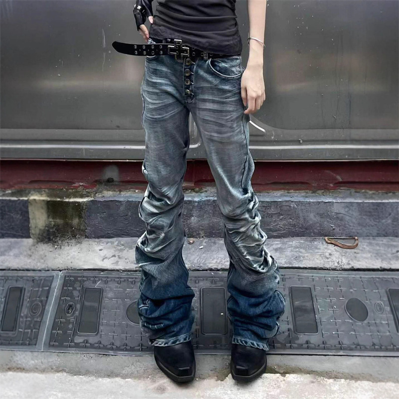 American High Street Retro Vintage Button Pleated Scimitar Jeans Men's Straight Slim Casual Stacked Pants