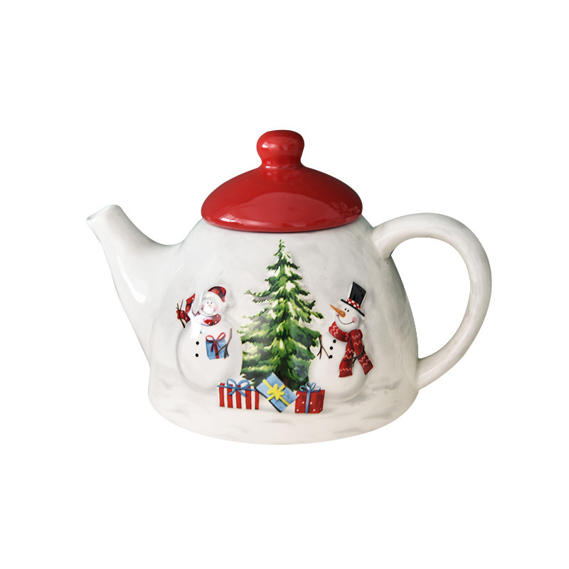 País nórdico Navidad muñeco de nieve tetera de cerámica porcelana blanca tetera de té de la tarde cafetera de estilo occidental vajilla en relieve