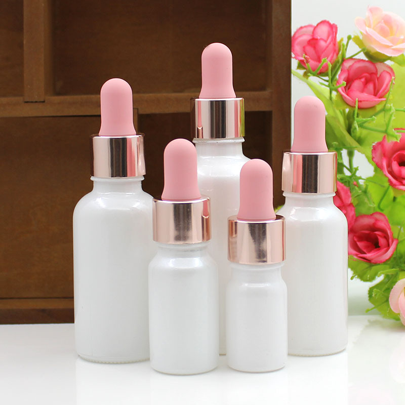 珠光白色玻璃精油瓶喷色分装瓶玫瑰金圈哑粉胶头滴管空瓶子5-50ml
