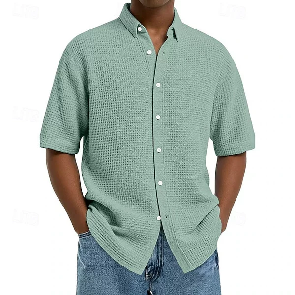 2026 New Cross-Border Men's Short-Sleeve Button-Up Waffle Texture Solid Color Fashion Shirt Top
