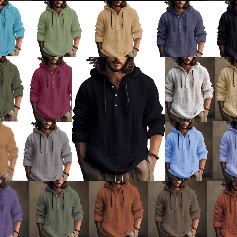 Cross-Border Summer Cotton and Linen Men's Hooded Shirt Long-Sleeved Casual Top Solid Color Breathable Thin Beach Men's T-Shirt