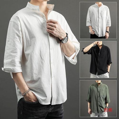 Cotton-Linen Shirt with Seven-Finger Cuffs, Fall-Harmonious Chinese Style Men's Top, Loose Men's Jacket, Cotton-Linen Casual Upper Garment