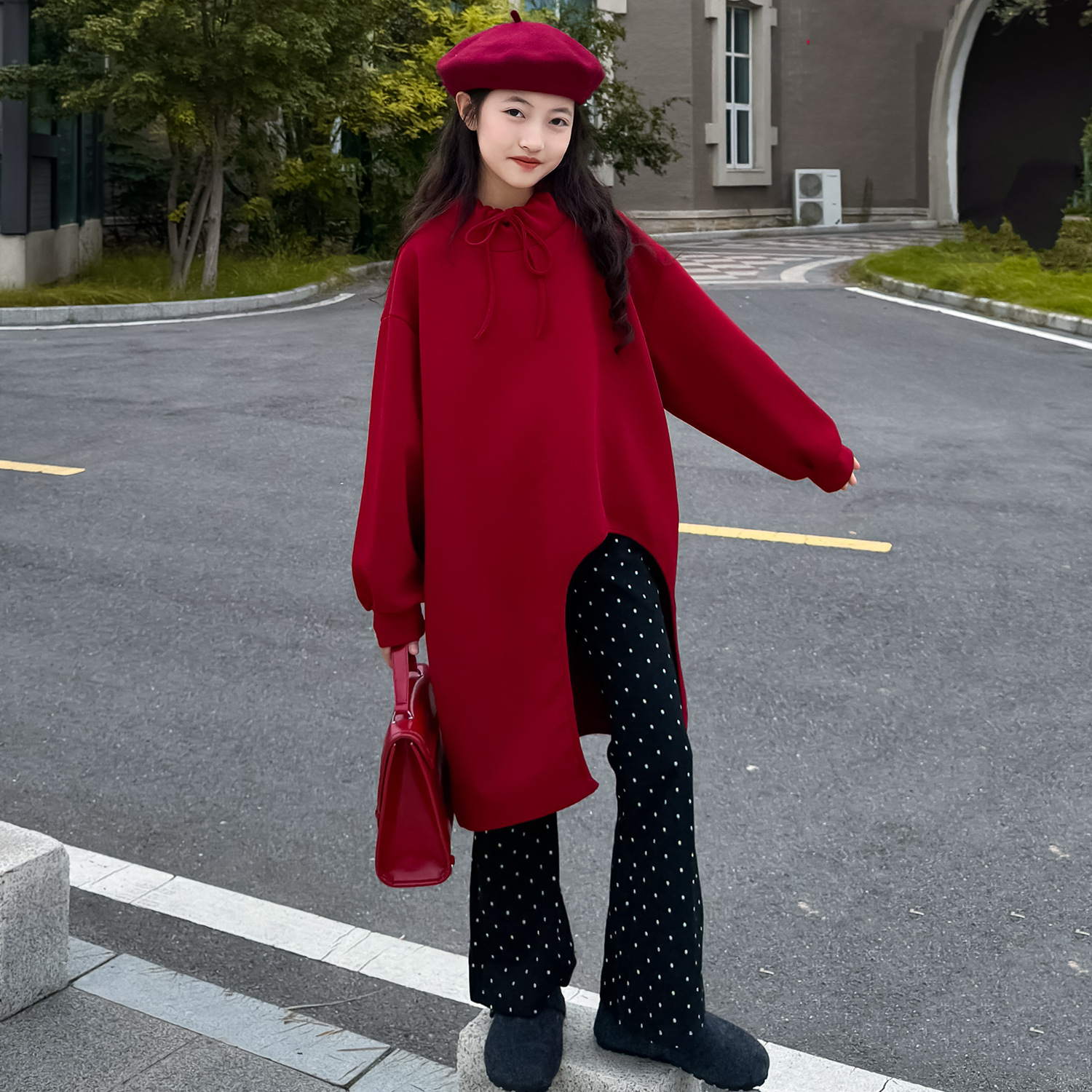 WY507 韩版秋冬新款童装女童女大童新年装卫衣裙长袖高领加绒长裙