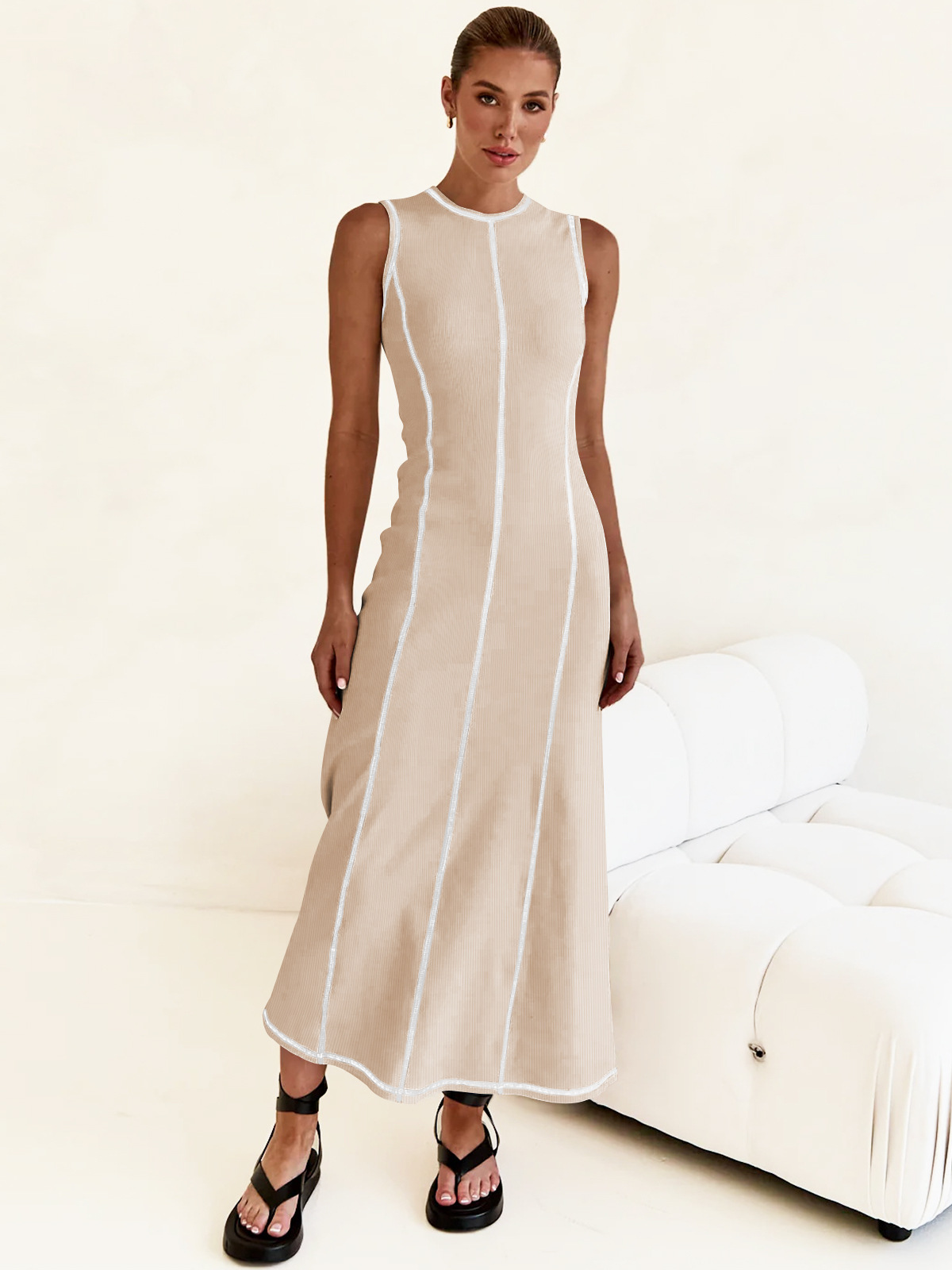 Women's Sheath Dress Streetwear Round Neck Sleeveless Stripe Solid Color Maxi Long Dress Daily display picture 1