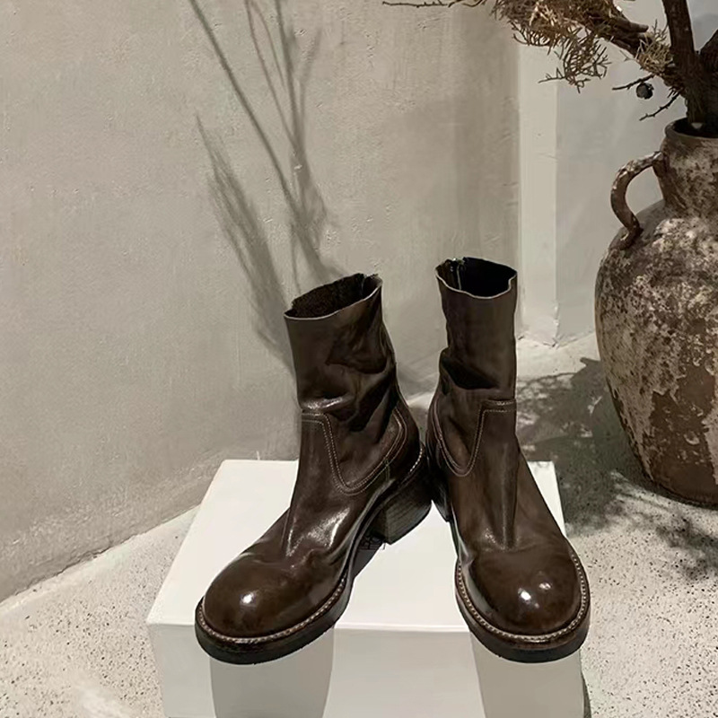 Botas estilo Martin para otoño e invierno, tacón grueso retro, cremallera trasera, 6 cm, botines cortos de piel de caballo texturizada lavada para mujer.
