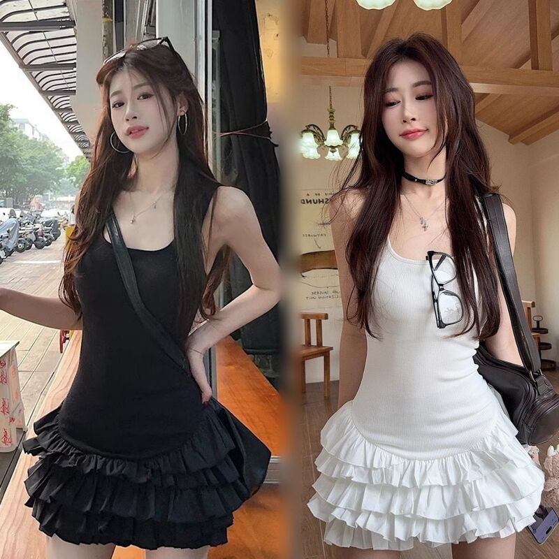Sexy White Suspender Dress Summer New Style Ruffled Design Splicing Slimming Look Ballet Style A-Line Short Skirt