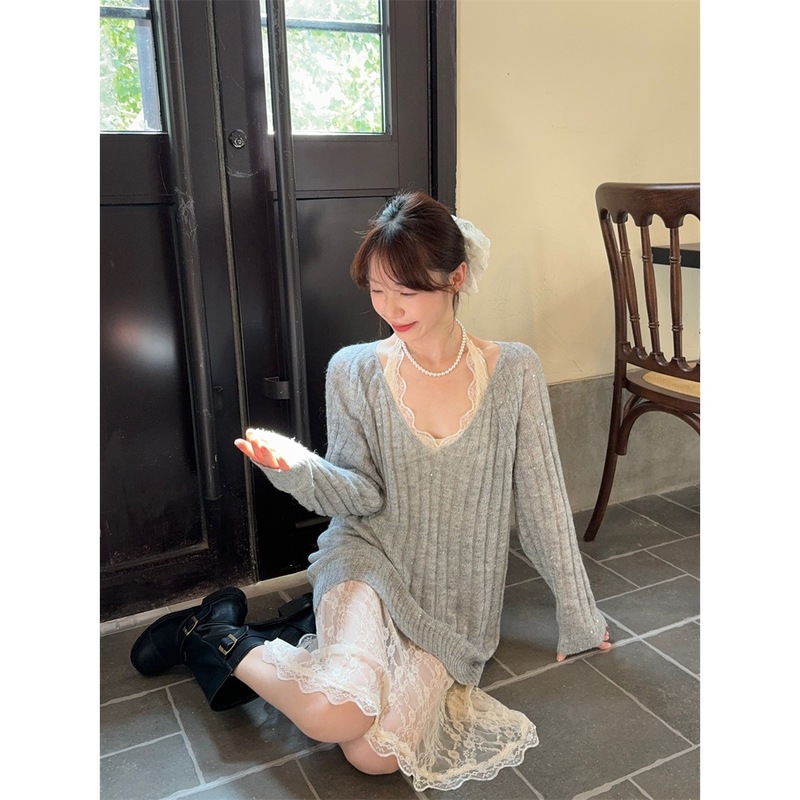 实拍~甜辣妹V领宽松休闲叠穿软糯套头毛衣女2025秋季时尚百搭上衣|undefined