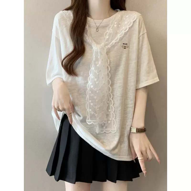 Кружевная шаль белая футболка с короткими рукавами женская 2025 лето большой размер толстый мм дизайн