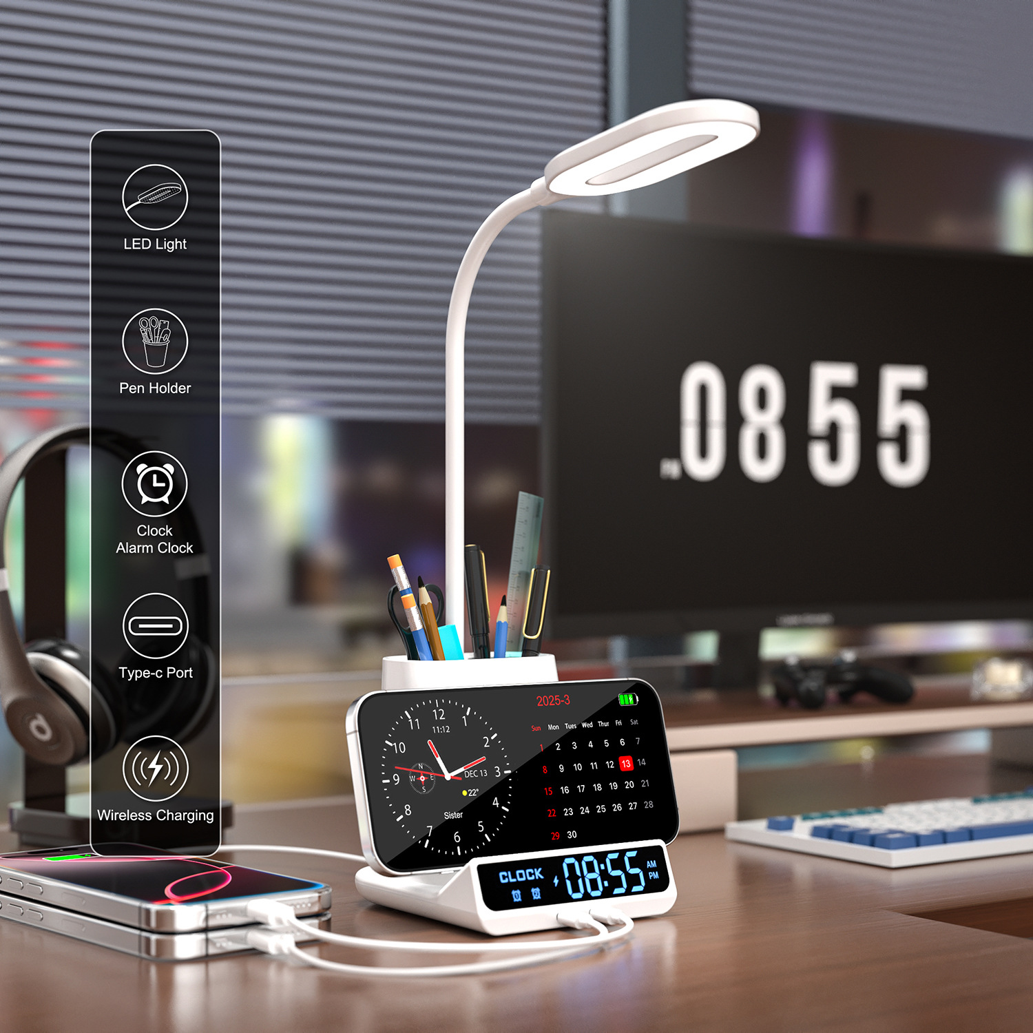 Cargador inalámbrico de portador de bolígrafo de carga inalámbrica de teléfono móvil transfronterizo para estudiantes de lectura de dormitorio de cabezal de cama lámpara de escritorio de protección de ojos