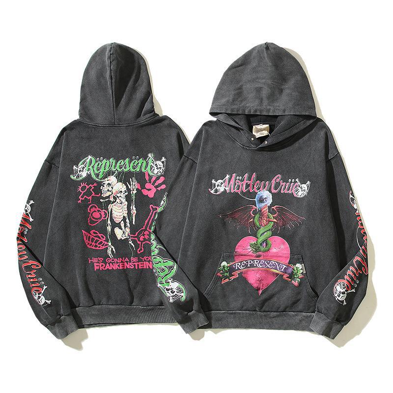 Rappresenta Rock Band Teschio Mostro Diavolo Cuore Lavato Vecchio Cappotto con Cappuccio_voghion.com