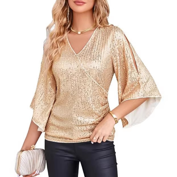 Amazon Cross-Border Women's Loose V-Neck Sequined Top with Bell Sleeves New Casual Fashion Trendy T-Shirt Vacation Style