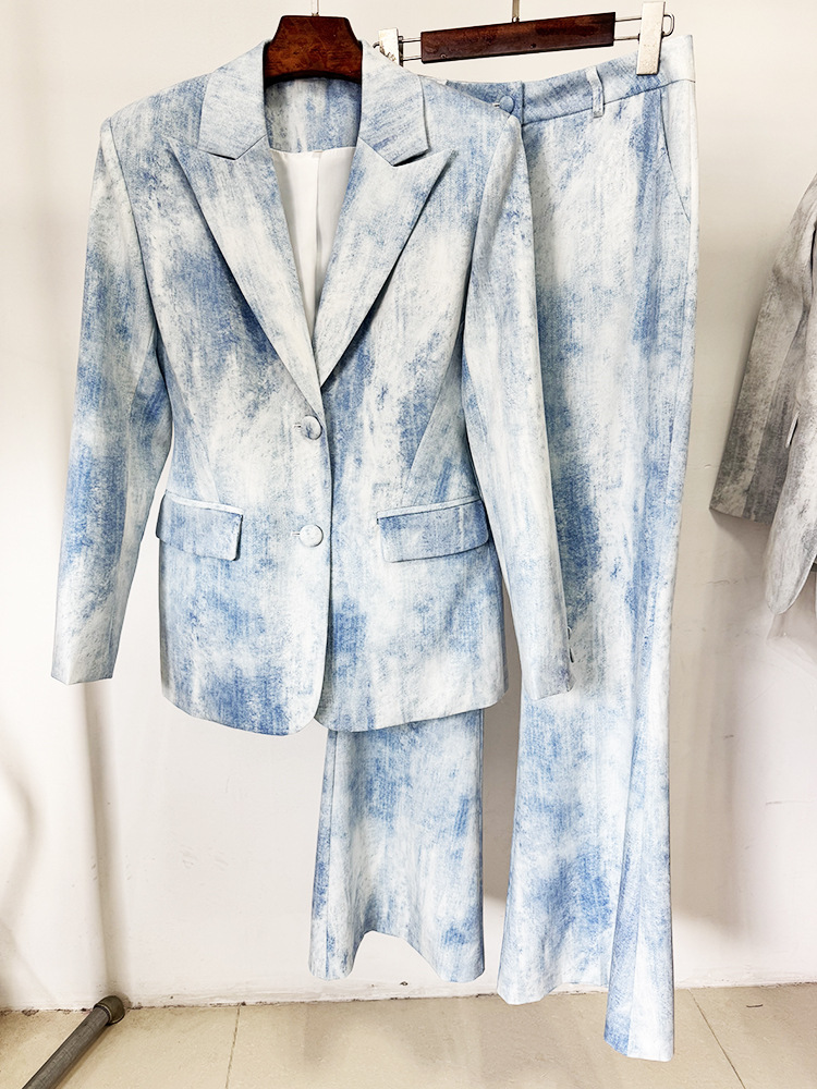 Spring Tie Dyed Printed Slim Fit Mid Length Blazer Trousers Two Piece Set 5 Spring Tie Dyed Printed Slim Fit Mid Length Blazer Trousers Two Piece Set