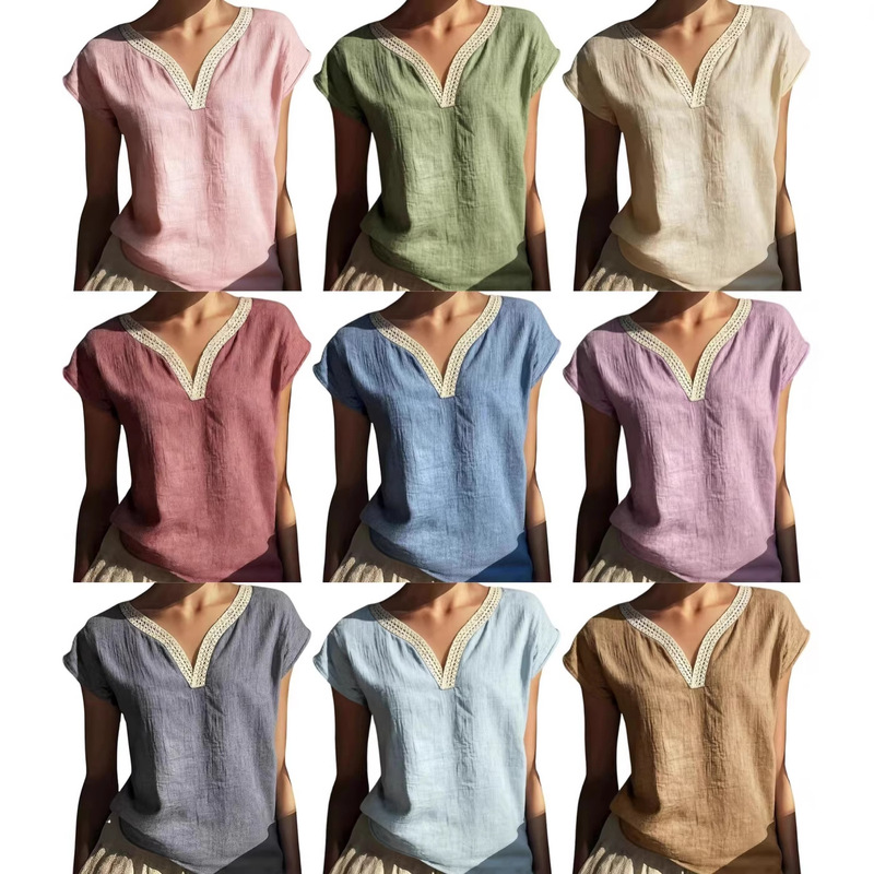 2026 European and American Cross-Border Amazon Spring and Summer Loose Solid Color V-Neck Lace Sleeveless Cotton and Linen Shirt 2026 European and American Cross-Border Amazon Spring and Summer Loose Solid Color V-Neck Lace Sleeveless Cotton and Linen Shirt