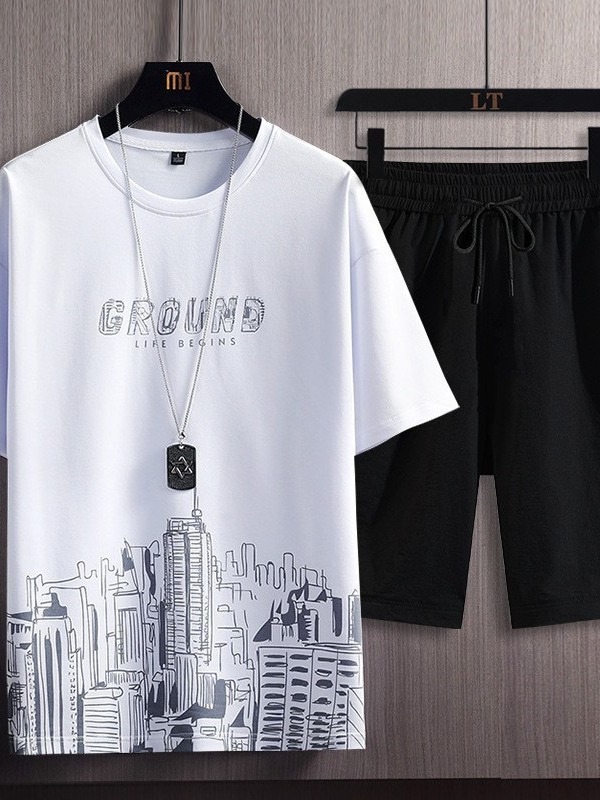 Set de seda de hielo de dos piezas, camiseta de manga corta de hombre, moda de verano, nuevos pantalones cortos casuales, baloncesto deportivo, ropa de hombre guapo