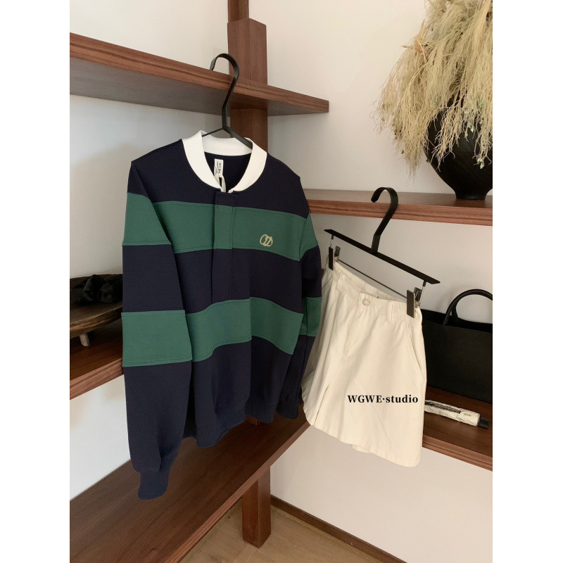 塞纳WGWE6897新款学院风翻领百搭条纹POLO宽松刺绣减龄休闲卫衣女|undefined