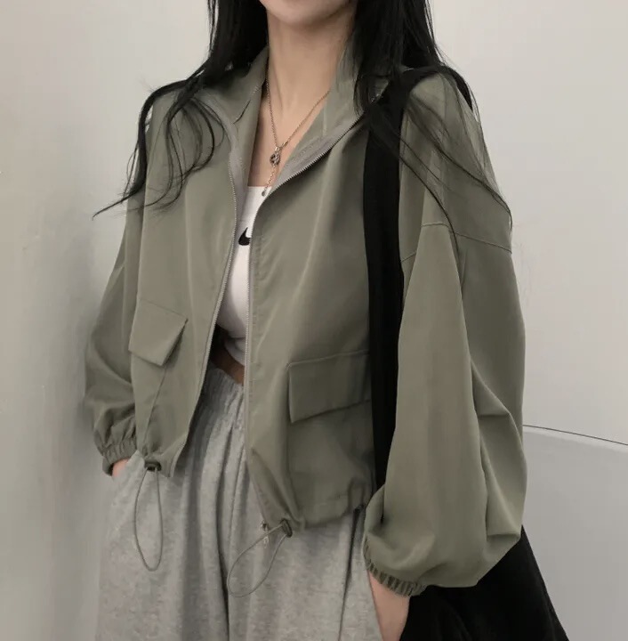 Design vintage workwear drawstring short baseball uniform jacket jacket women's casual Korean style women's clothing niche