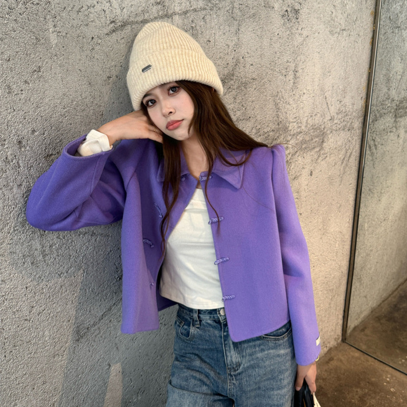 2026 Autumn and Winter New Style National Style New Chinese-Style Buttoned Puff Sleeves High-End Fashion Versatile Short Double-Sided Wool Coat
