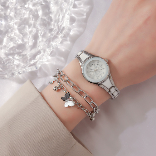 新款女表套装 简约复古小众四叶草女士腕表+小众蝴蝶手链套装