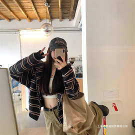 kumikumi甜美风撞色条纹气质连帽长袖卫衣女秋季显瘦百搭减龄上衣