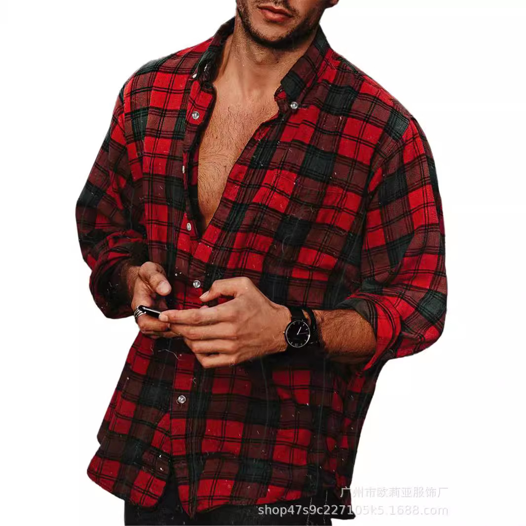 Amazon 2023 camisa de solapa de primavera y otoño de los nuevos hombres europeos y americanos Comercio exterior casual Camisa de manga larga a cuadros de los hombres