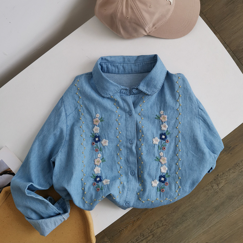 Japanese Artistic Sweet Three-dimensional Flower Embroidered Loose Washed Denim Long-sleeved Shirt Women's Base Shirt