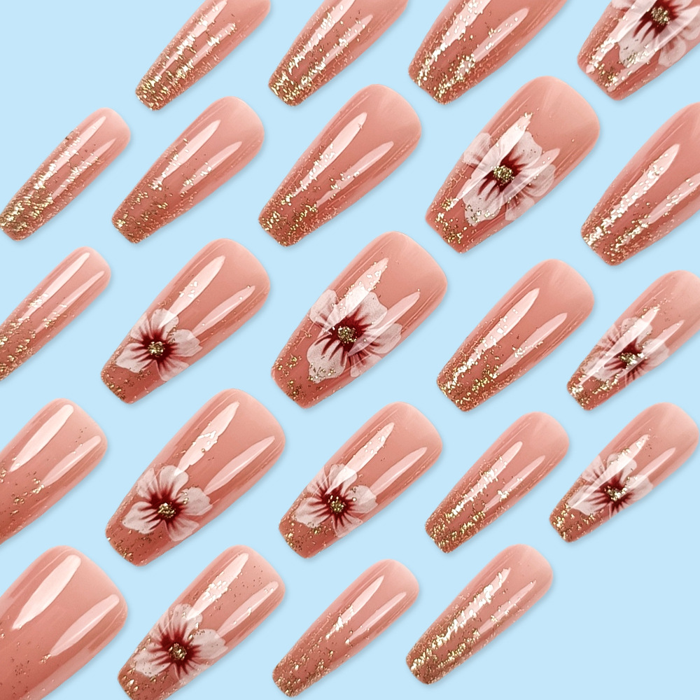 24 piezas de uñas en polvo de brillo dorado, parche de uñas de venta caliente dulce y elegante, armadura de ropa larga de moda de venta caliente