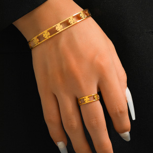 European and American cross-border four-leaf clover bracelet ring set 18k gold plated versatile bracelet ring hollow bracelet for women