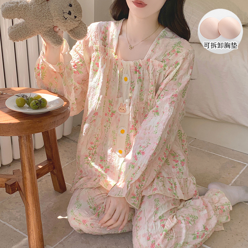 云朵棉睡衣女带胸垫春秋季新款公主风碎花长袖长裤宽松家居服套装|undefined