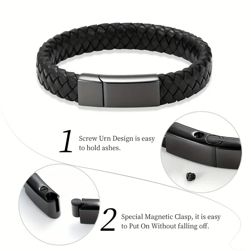 Cross-Border New European And American Men's Ash Retro Woven Leather Rope Magnetic Clasp Memorial Bracelet Bangle_voghion.com