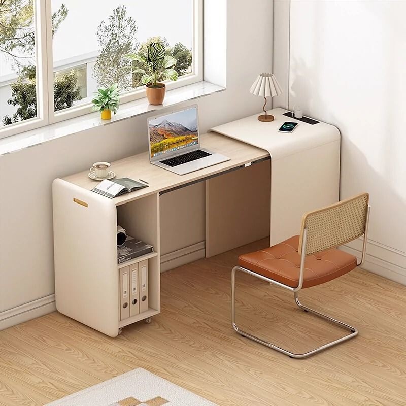 Cream Style Foldable Invisible Solid Wood Desk Bookcase Integrated Home Bedroom Bedside Computer Storage Cabinet Cute and Large