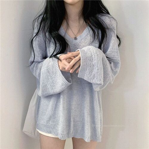 Gentle Wind Korean Style Casual Long-Sleeve T-Shirt Women Summer Thin Knit Sun Protection Cover-up Soft Milky Blue Top