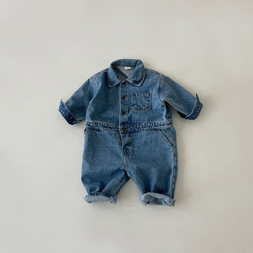 Korean infants and young children's autumn clothing, fashionable street denim jumpsuits, men's and women's baby long-sleeved work clothes, romper clothes, outdoor clothes