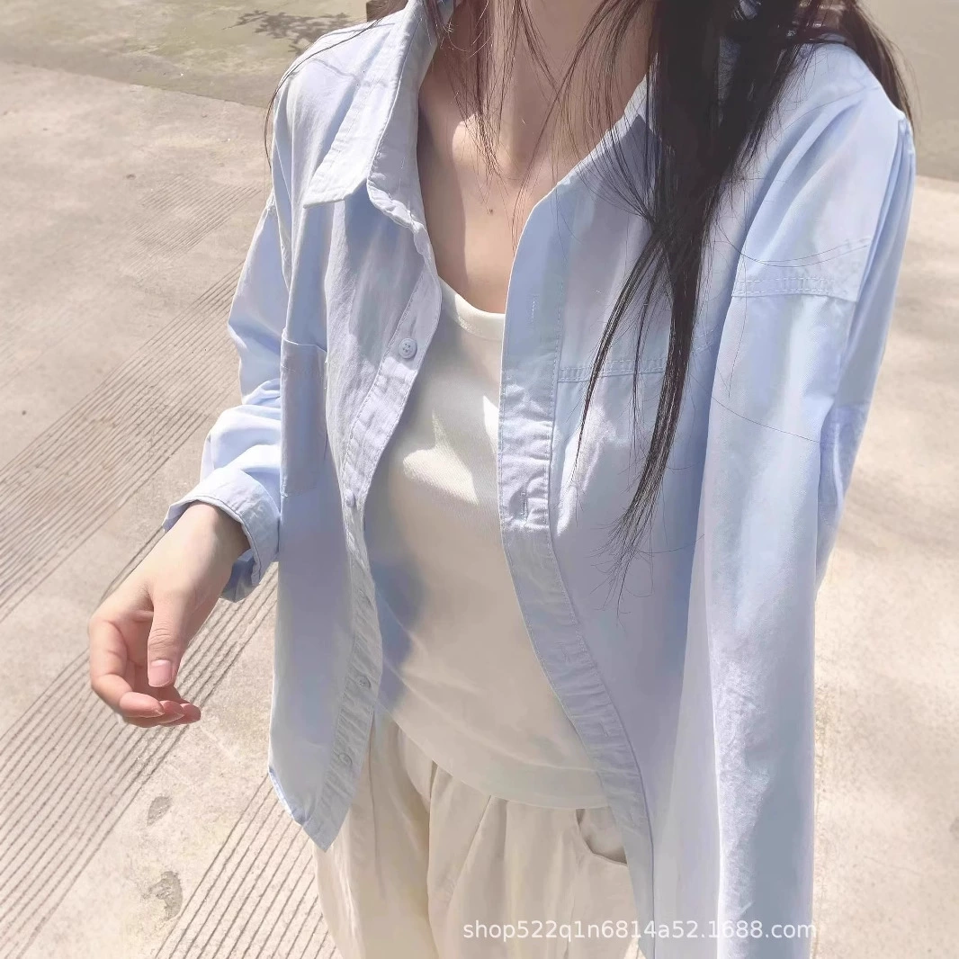 Премиум мойка, хлопок новый корейский сплошной цвет рубашка с длинными рукавами женская весна лето повседневная мода солнцезащитные рубашки оптом