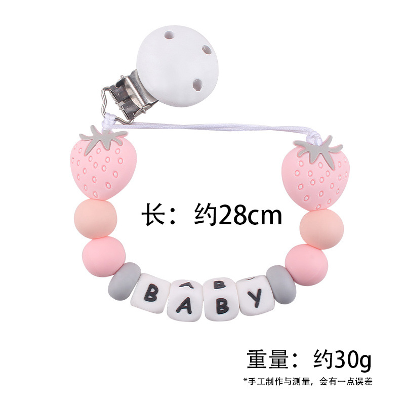 Nuevos productos para bebés Clip de chupete redondo de madera para calmar la cadena de chupete de silicona de fresa de dibujos animados para bebés