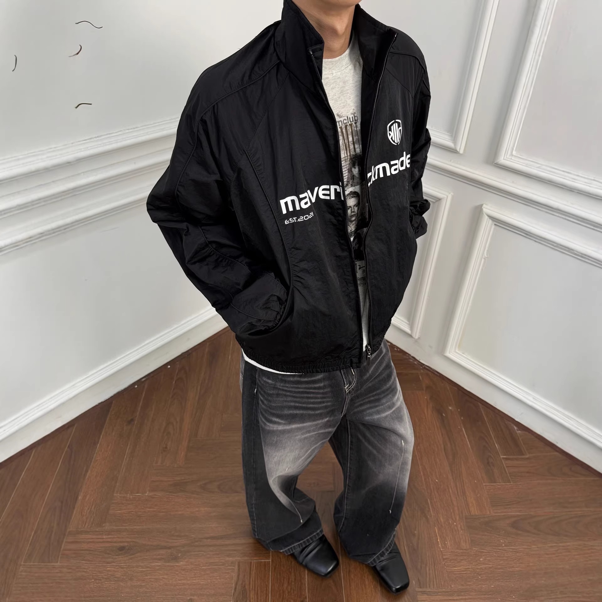 美式复古机车服夹克男宽松潮牌痞帅字母印花冲锋运动风衣立领外套