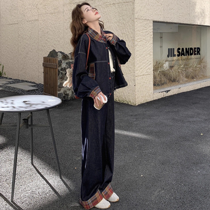 格子拼接牛仔外套两件套女2025年秋新款减龄韩系气质休闲阔腿长裤|undefined