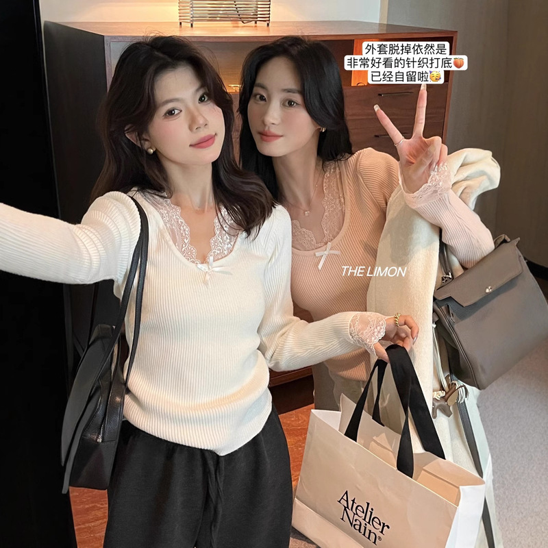 Kaiyidai Autumn and Winter French Lace Stitching Slim-fit Slim Knitted Shirt Christmas New Year Bottoming Pure for Women