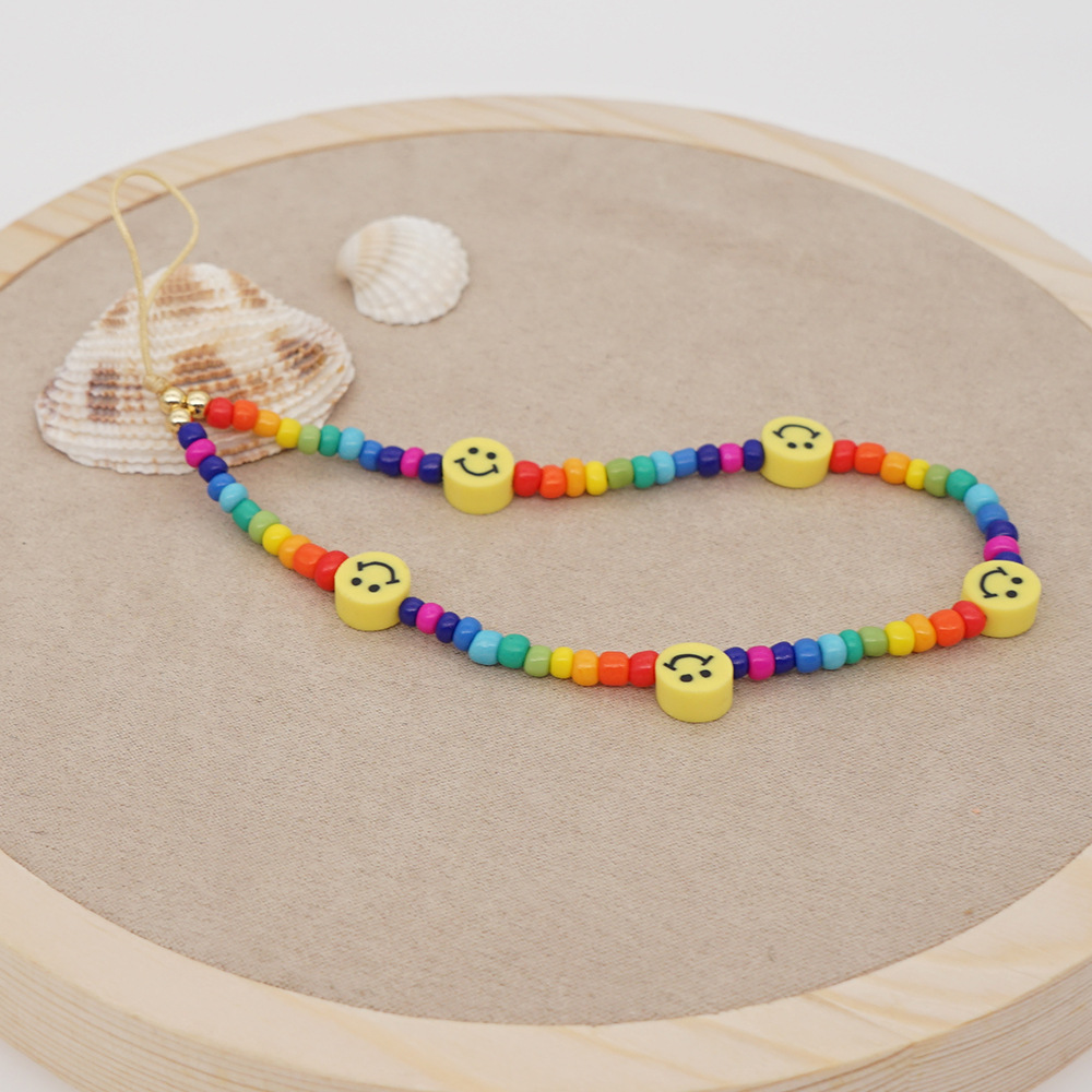 Smiley soft pottery rainbow millet beaded mobile phone lanyardpicture2