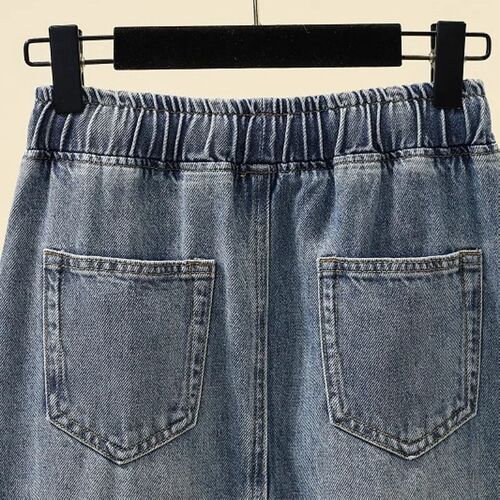 Women's Large Size Denim Half Body Skirt for 2025 Spring with Drawstring High-Waist Slimming Versatile Elastic Waist Slit Medium-Length Fashion Skirt