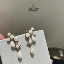 西太后春夏三连排珍珠水滴耳钉 高级新款甜美气质耳饰耳环