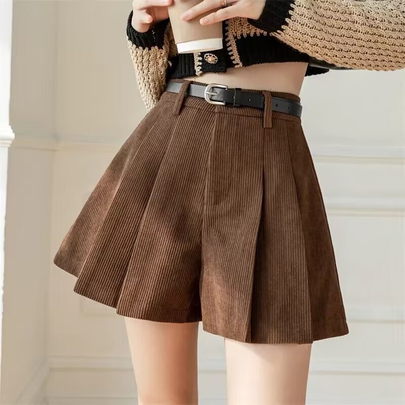 Corduroy Pleated Slim Casual Wide-Leg Shorts for Women Autumn and Winter 2023 New High-Waisted Outer Boot Pants for Small People