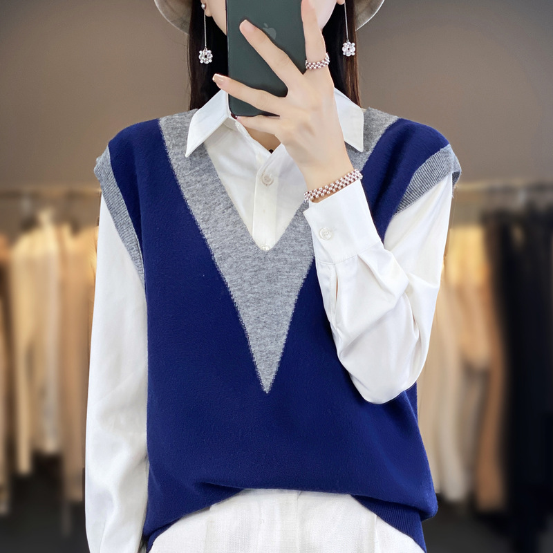 Otoño e Invierno de las nuevas mujeres de punto chaleco de lana suéter chaleco v contraste color suelta estilo coreano fábrica al por mayor image 4