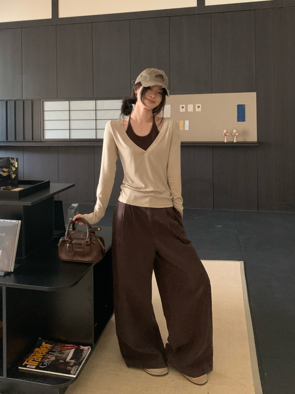 韩系挂脖假两件长袖T恤女秋季2025超好看内搭打底衫小上衣|undefined