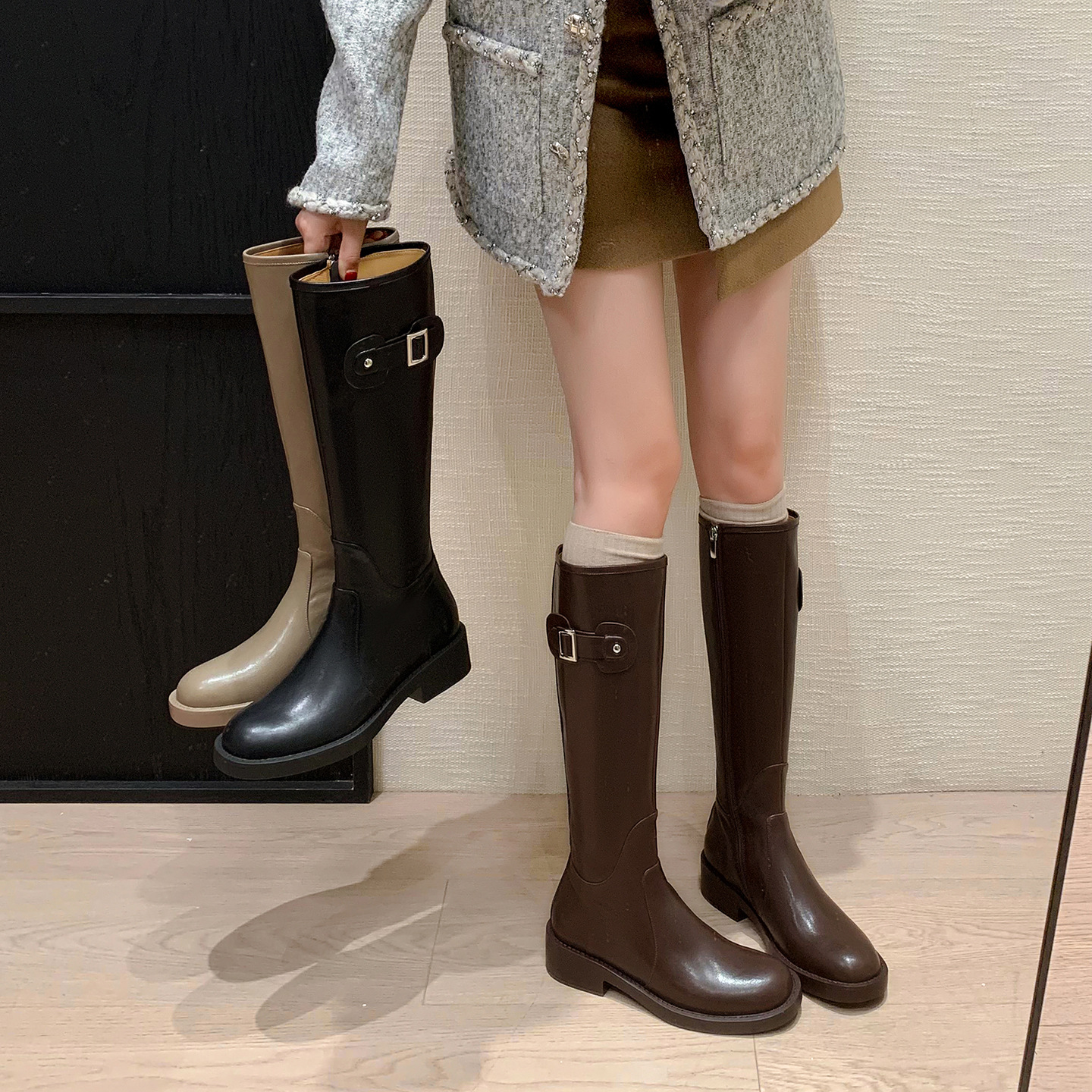 长腿女神范全牛皮洋气皮带扣骑士靴2025粗中跟圆头真皮高筒长靴41